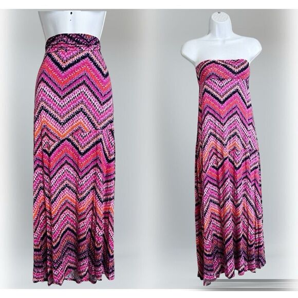 New Directions Maxi Skirt Size M Pull On Pink Multicolor Chevron Print READ - Picture 1 of 11
